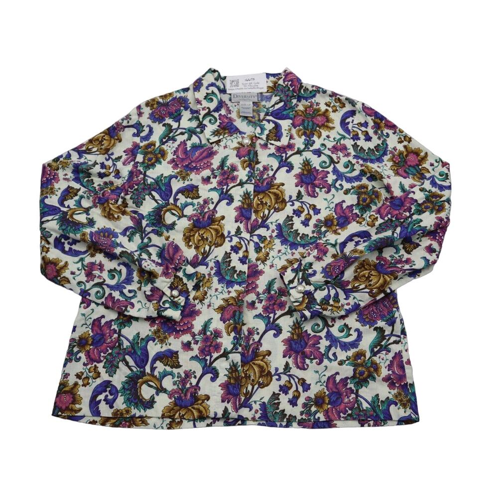 Diversity Shirt Womens 12P Multicolor Floral Button Up Short Sleeve Collared Top